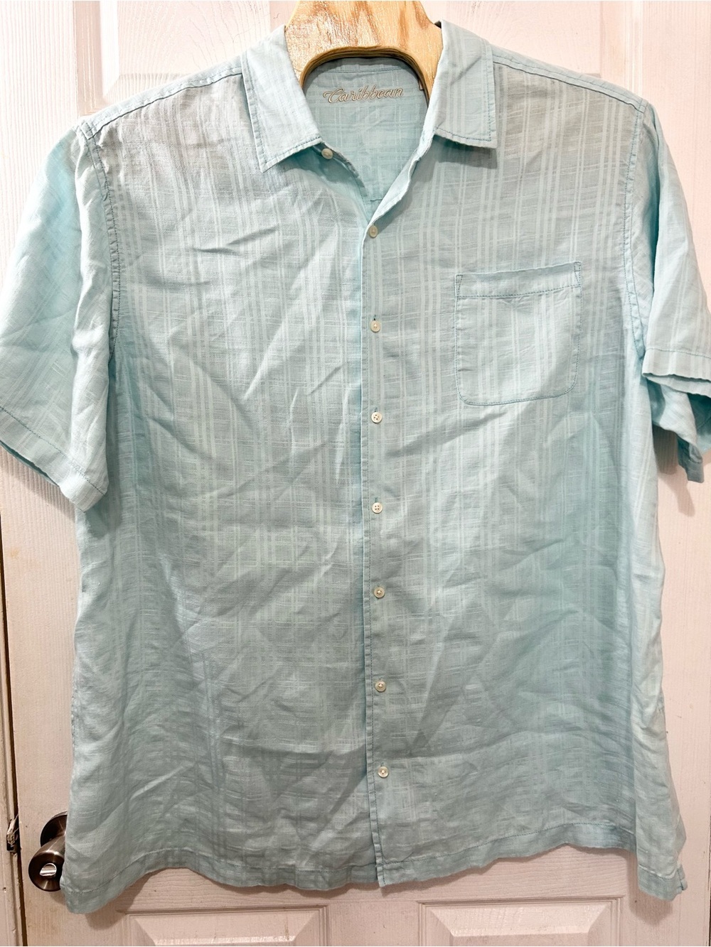 Caribbean Men’s 3XT Linen Camp Shirt Light Blue Short Sleeve Button Down